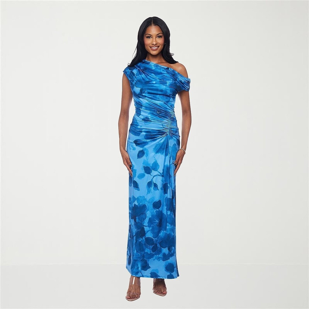 MSRP $99 Premier Amour Womens 12 Blue One Shoulder Floral Maxi Dress Short Sleev